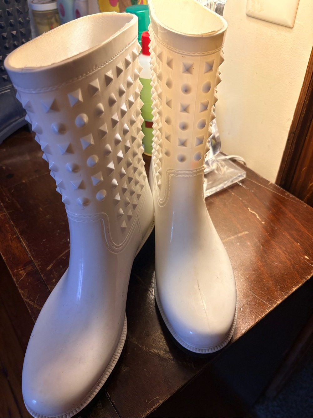 Rouge Helium White Studded Mid-Calf Rain Boots